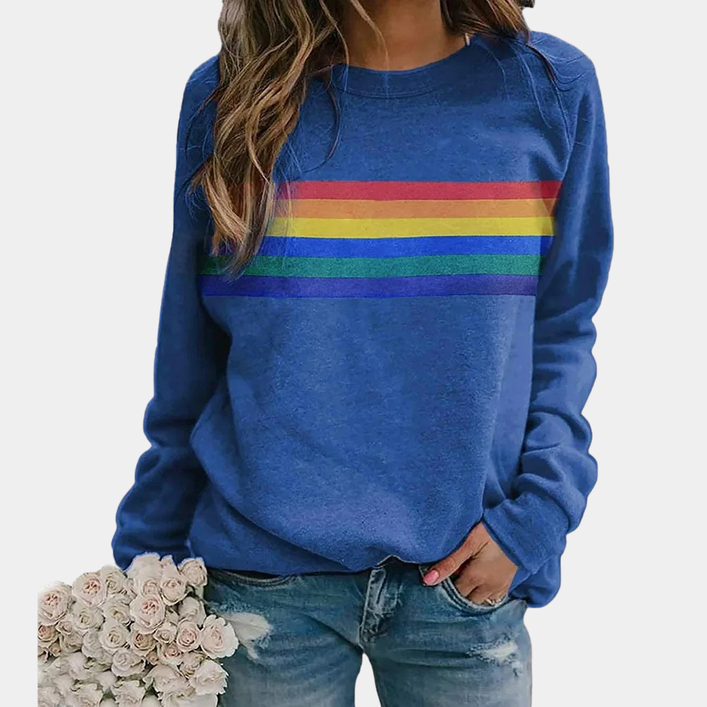 Sudadera de cuello redondo para mujer con rayas de arcoíris