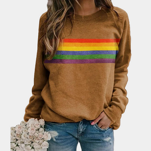 Sudadera de cuello redondo para mujer con rayas de arcoíris