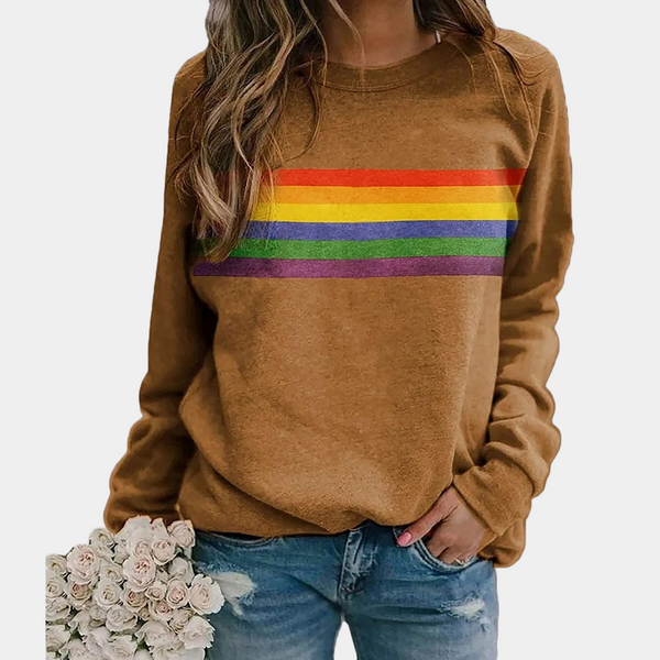 Sudadera de cuello redondo para mujer con rayas de arcoíris