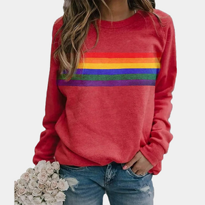 Sudadera de cuello redondo para mujer con rayas de arcoíris