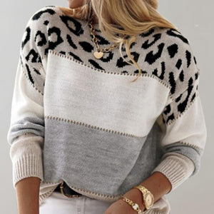 Women's Leopard Color Block Knit Sweater
