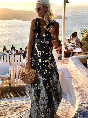 Women's Glossy Sequins Floral Sleeveless Maxi Dress with Deep V-Neckline