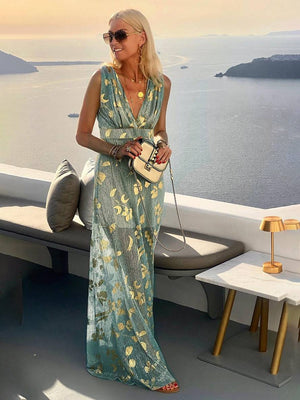 Women's Glossy Sequins Floral Sleeveless Maxi Dress with Deep V-Neckline