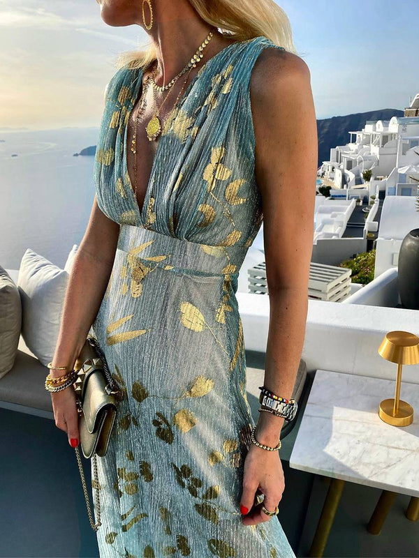 Women's Glossy Sequins Floral Sleeveless Maxi Dress with Deep V-Neckline