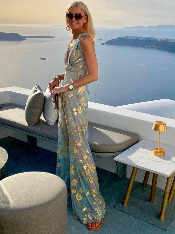 Women's Glossy Sequins Floral Sleeveless Maxi Dress with Deep V-Neckline
