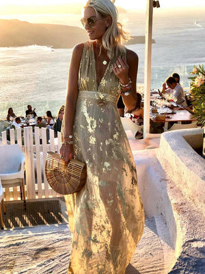 Women's Glossy Sequins Floral Sleeveless Maxi Dress with Deep V-Neckline