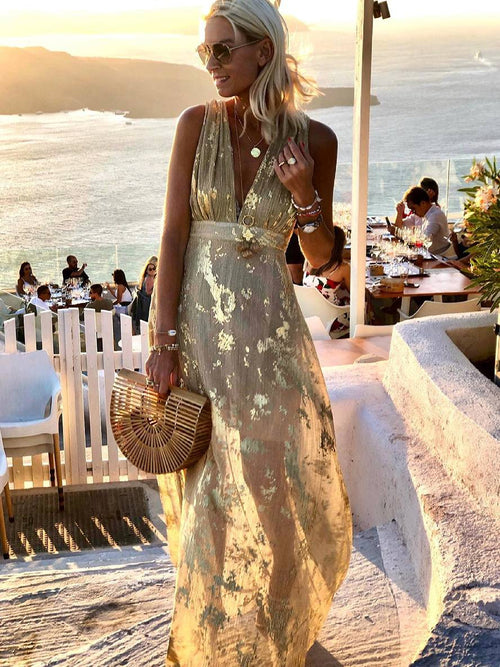 Women's Glossy Sequins Floral Sleeveless Maxi Dress with Deep V-Neckline