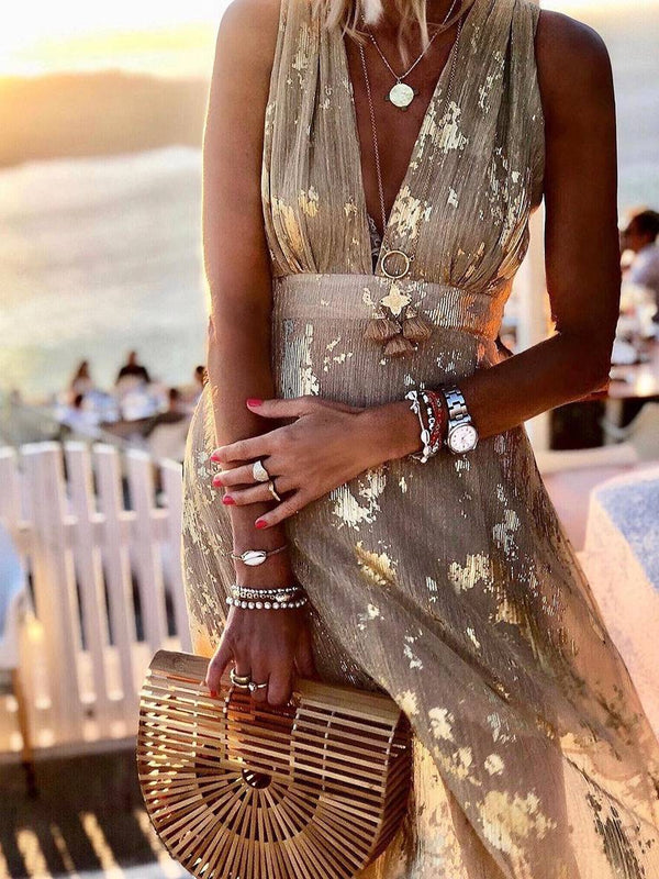 Women's Glossy Sequins Floral Sleeveless Maxi Dress with Deep V-Neckline