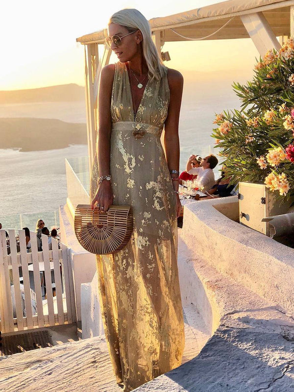 Women's Glossy Sequins Floral Sleeveless Maxi Dress with Deep V-Neckline