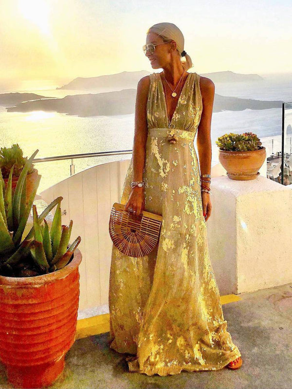 Women's Glossy Sequins Floral Sleeveless Maxi Dress with Deep V-Neckline