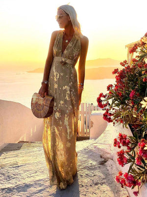 Women's Glossy Sequins Floral Sleeveless Maxi Dress with Deep V-Neckline