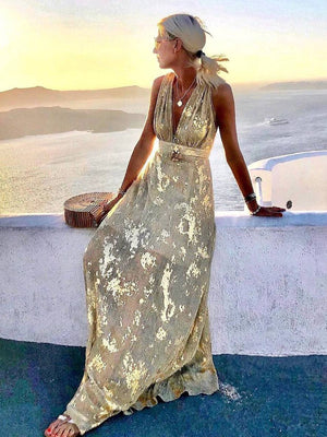 Women's Glossy Sequins Floral Sleeveless Maxi Dress with Deep V-Neckline