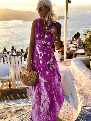 Women's Glossy Sequins Floral Sleeveless Maxi Dress with Deep V-Neckline