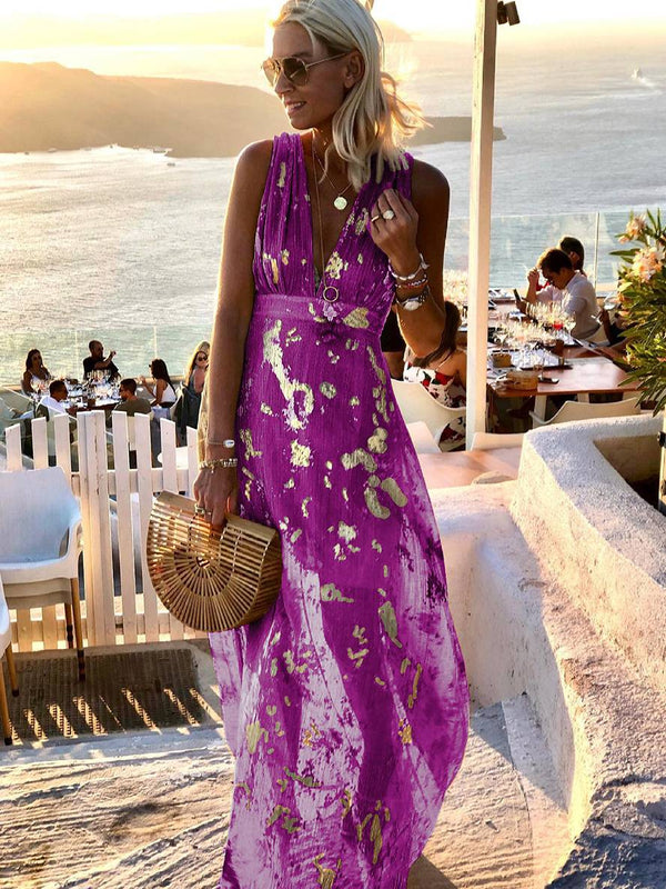 Women's Glossy Sequins Floral Sleeveless Maxi Dress with Deep V-Neckline
