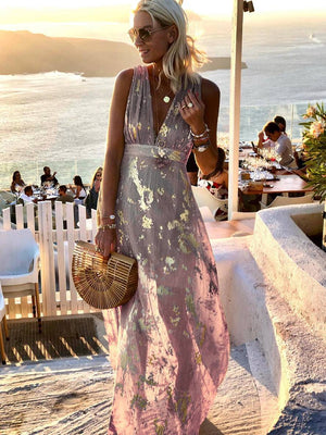 Women's Glossy Sequins Floral Sleeveless Maxi Dress with Deep V-Neckline