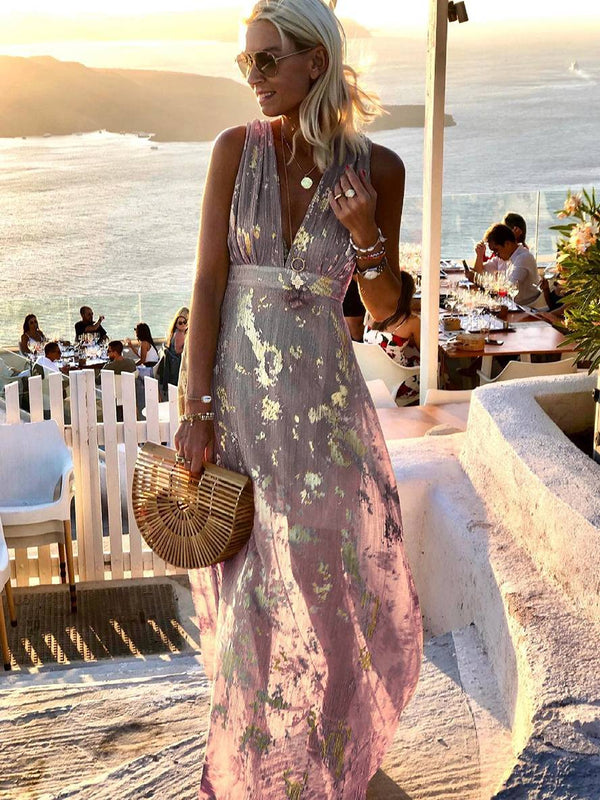 Women's Glossy Sequins Floral Sleeveless Maxi Dress with Deep V-Neckline