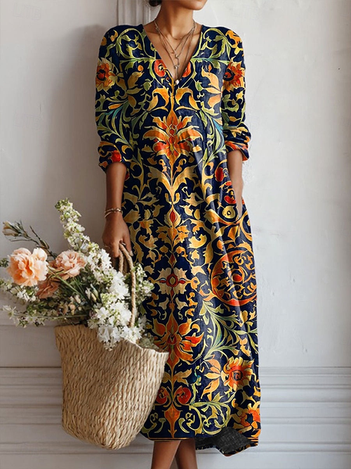 Women's Vintage-Inspired Floral Print Midi Dress with V-Neckline