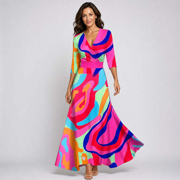 Women’s Floral Wrap V-Neck Long Sleeve Flowing Maxi Dress