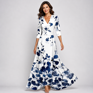 Women’s Floral Wrap V-Neck Long Sleeve Flowing Maxi Dress