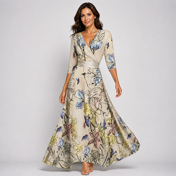 Women’s Floral Wrap V-Neck Long Sleeve Flowing Maxi Dress