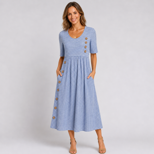 Women’s Striped Button Detail Short Sleeve Midi Dress