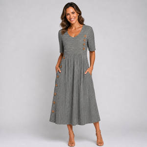 Women’s Striped Button Detail Short Sleeve Midi Dress