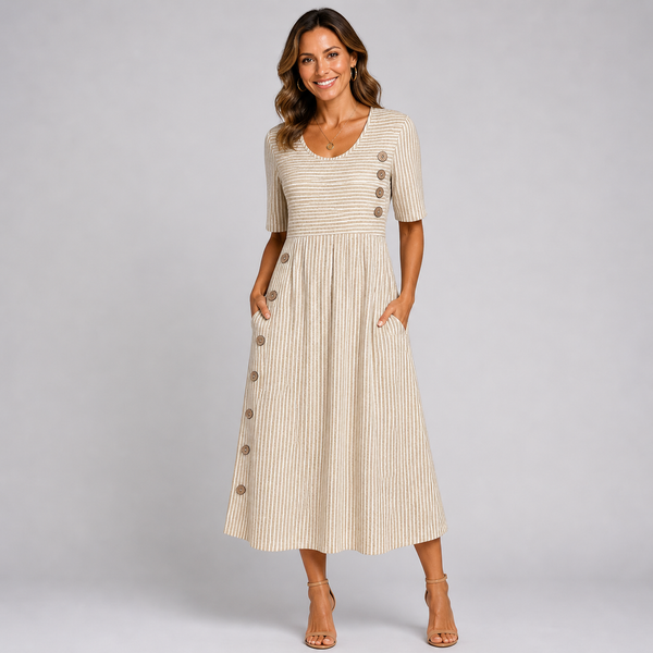 Women’s Striped Button Detail Short Sleeve Midi Dress
