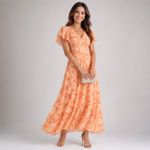 Women’s Floral Ruffle Sleeve V-Neck Flowing Maxi Dress