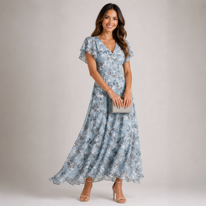 Women’s Floral Ruffle Sleeve V-Neck Flowing Maxi Dress