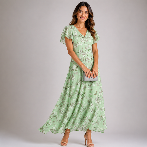 Women’s Floral Ruffle Sleeve V-Neck Flowing Maxi Dress