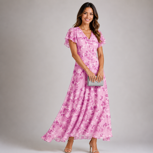 Women’s Floral Ruffle Sleeve V-Neck Flowing Maxi Dress