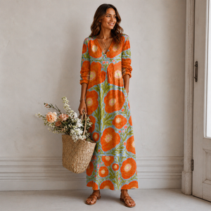 Women’s Boho Floral Long Sleeve V-Neck Maxi Dress