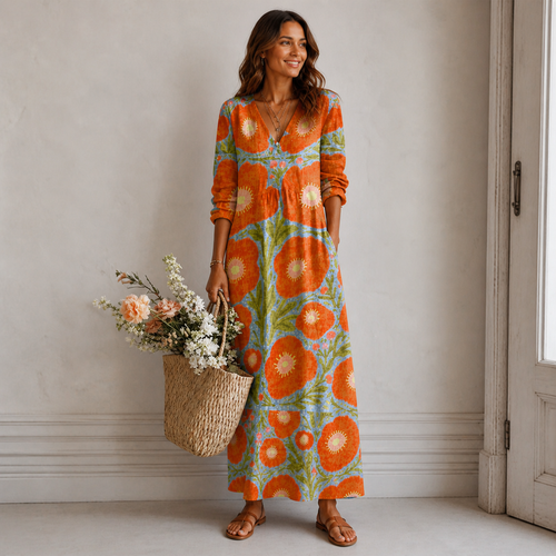 Women’s Boho Floral Long Sleeve V-Neck Maxi Dress