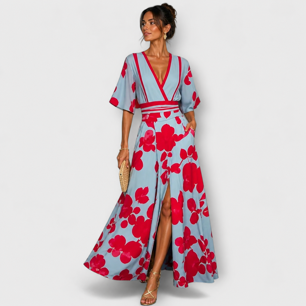 Women’s Floral Wrap V-Neck Split Maxi Dress