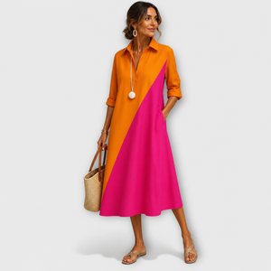 Vestido midi línea A con mangas largas y bloques de color para mujer