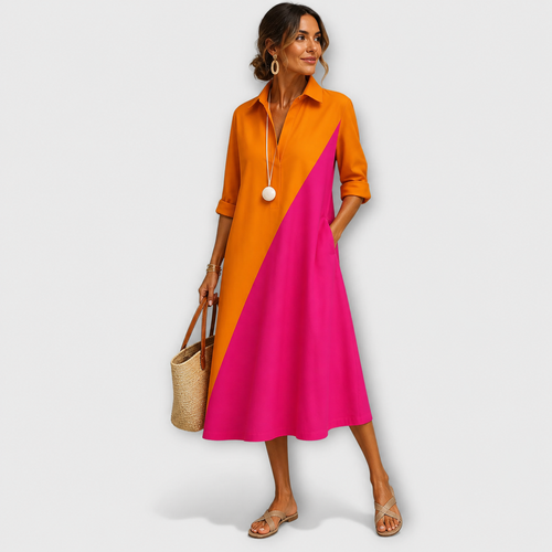 Vestido midi línea A con mangas largas y bloques de color para mujer