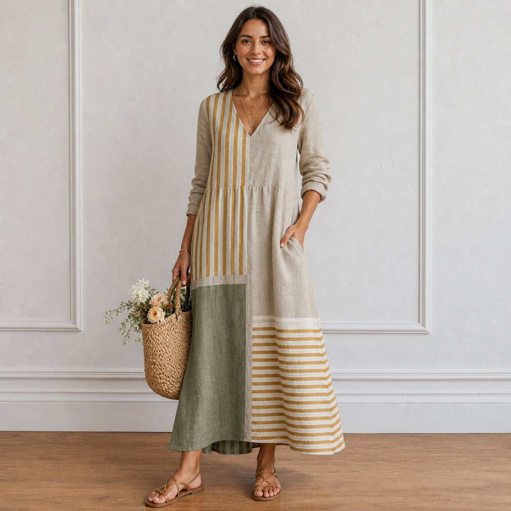 Women’s Loose Fit Long Artistic Stripe Detail Maxi Dress