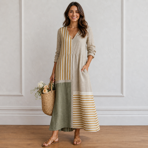 Women’s Loose Fit Long Artistic Stripe Detail Maxi Dress