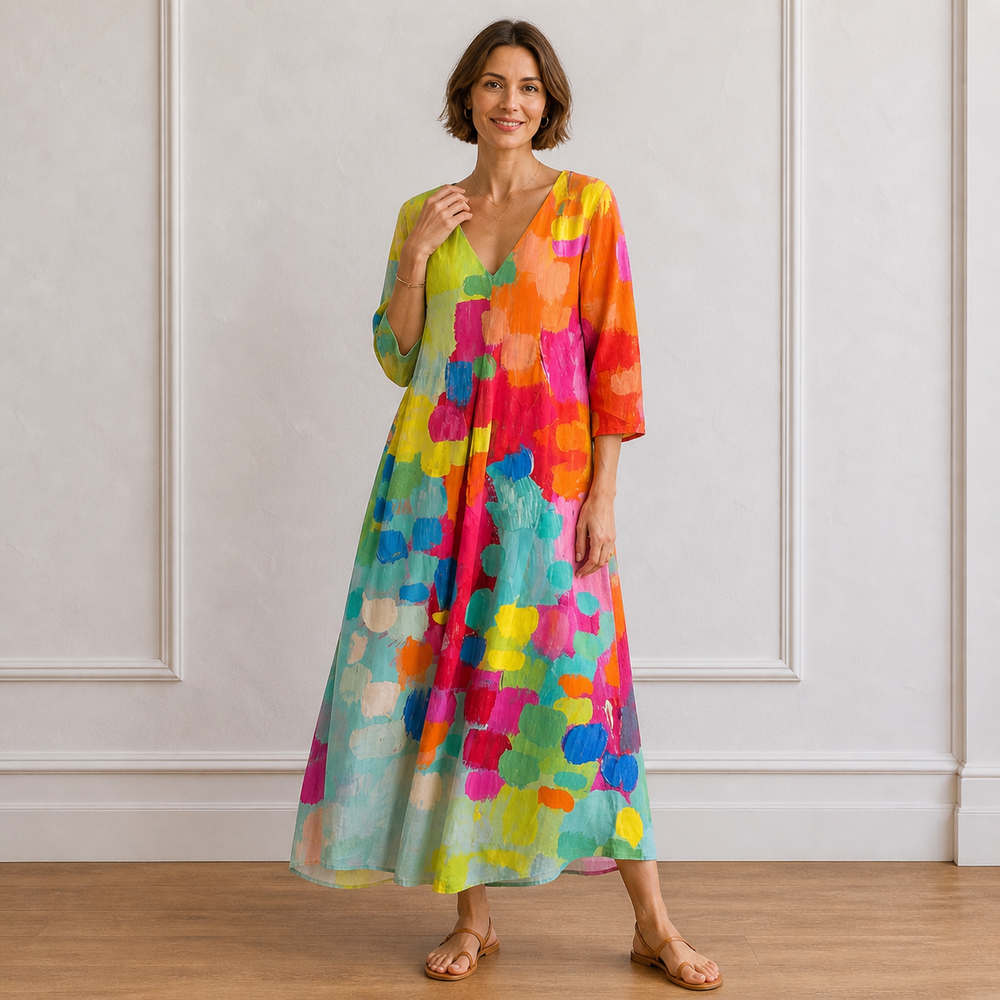 Women's Artistic Multicolor V-Neck Maxi Dress