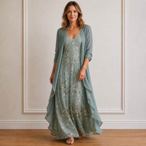 Women's Floral Maxi Dress & Lightweight Cardigan Set