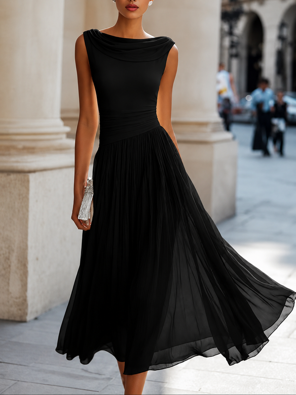 Women's Elegant Midi Dress with Bateau Neckline