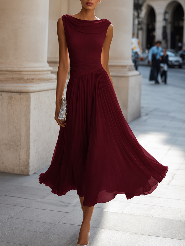 Women's Elegant Midi Dress with Bateau Neckline