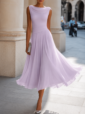 Women's Elegant Midi Dress with Bateau Neckline