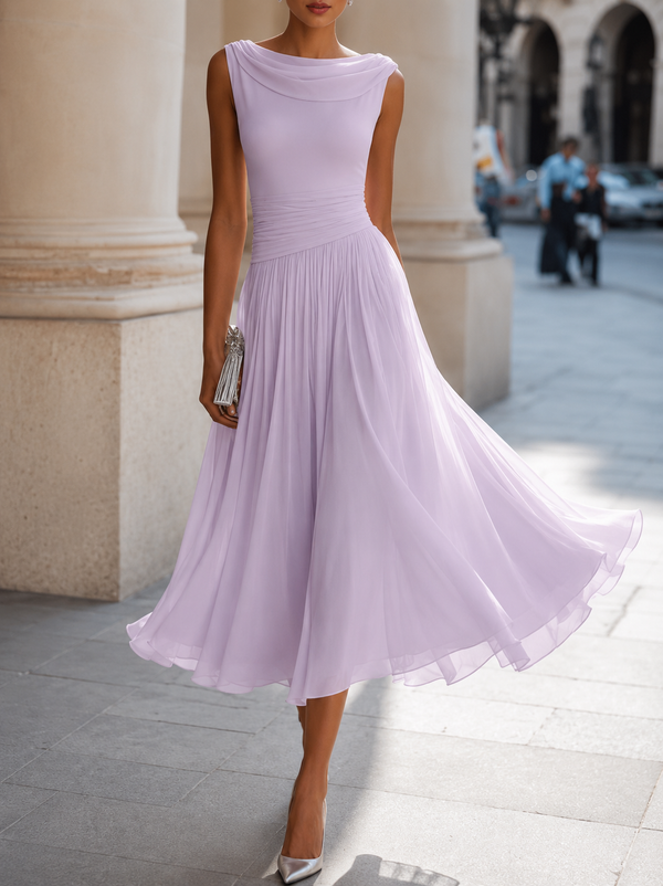 Women's Elegant Midi Dress with Bateau Neckline