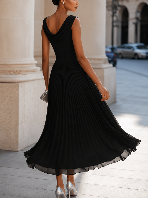 Women's Elegant Midi Dress with Bateau Neckline
