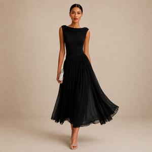Women's Elegant Midi Dress with Bateau Neckline