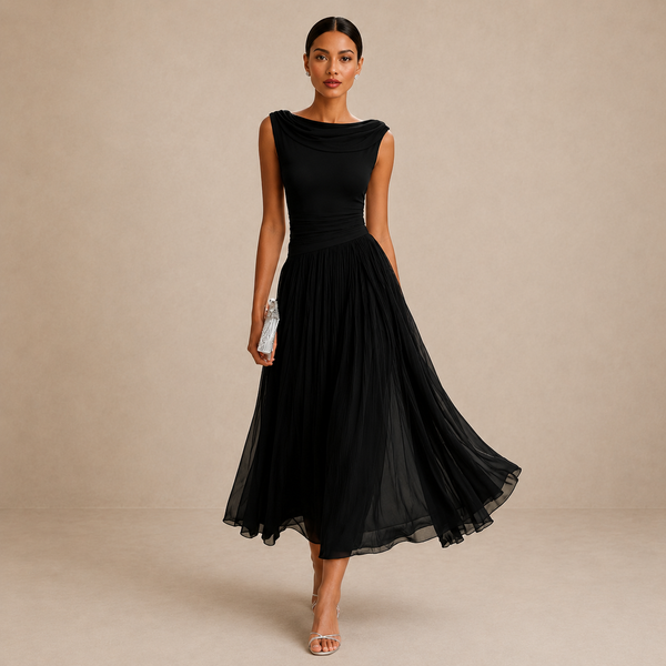 Women's Elegant Midi Dress with Bateau Neckline