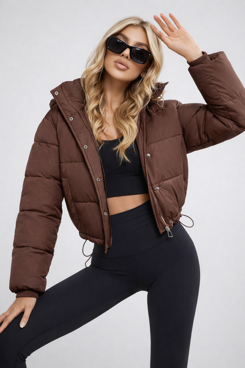 Cropped Hooded Zip-Up Quilted Winter Puffer Jacket