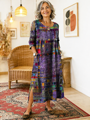 Women's Midi Dress with Artistic Print and Side Slit