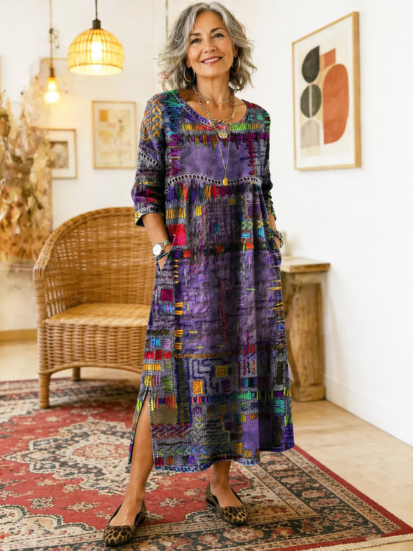 Women's Midi Dress with Artistic Print and Side Slit